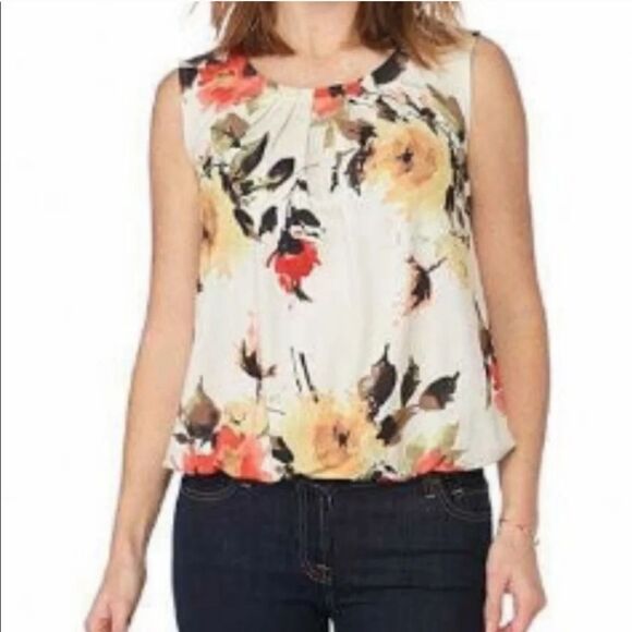 Melissa Paige Floral Sleeveless Top Peach Coral Elastic Waist Blouse Size Large - Picture 1 of 13